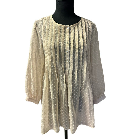 Sophie Max Sheer Swiss Dot Crew Neck 3/4 Sleeve Pin Tuck Tunic, Size M - Picture 1 of 8